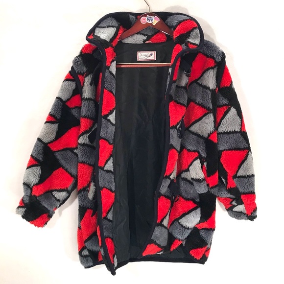 Vintage funky faux fur abstract red grey and black geometric shapes retro jacket - Picture 3 of 8